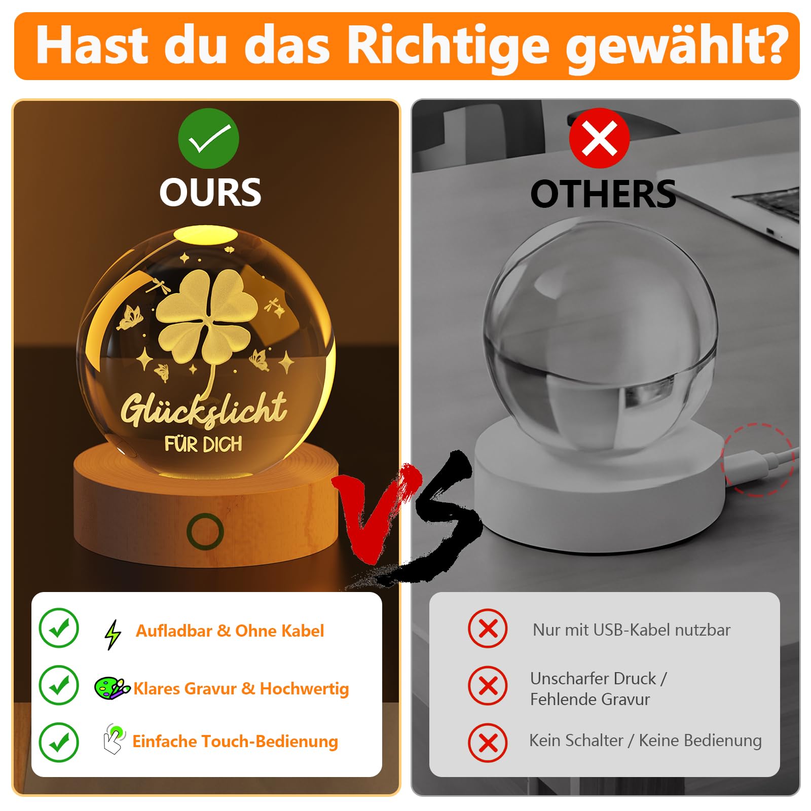 Glücksbringer,60mm Aufladbar LED Glaskugel Deko Lampe