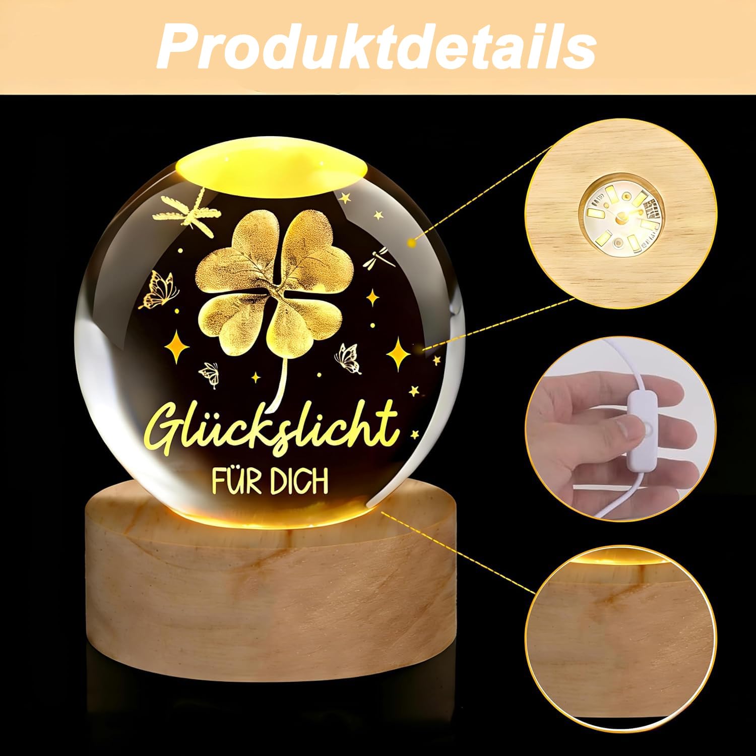 Glücksbringer,60mm Aufladbar LED Glaskugel Deko Lampe
