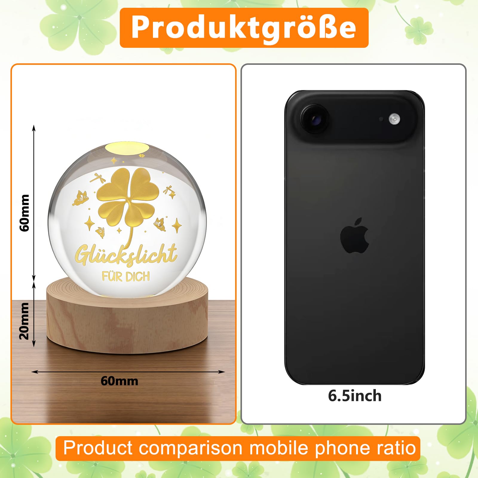 Glücksbringer,60mm Aufladbar LED Glaskugel Deko Lampe