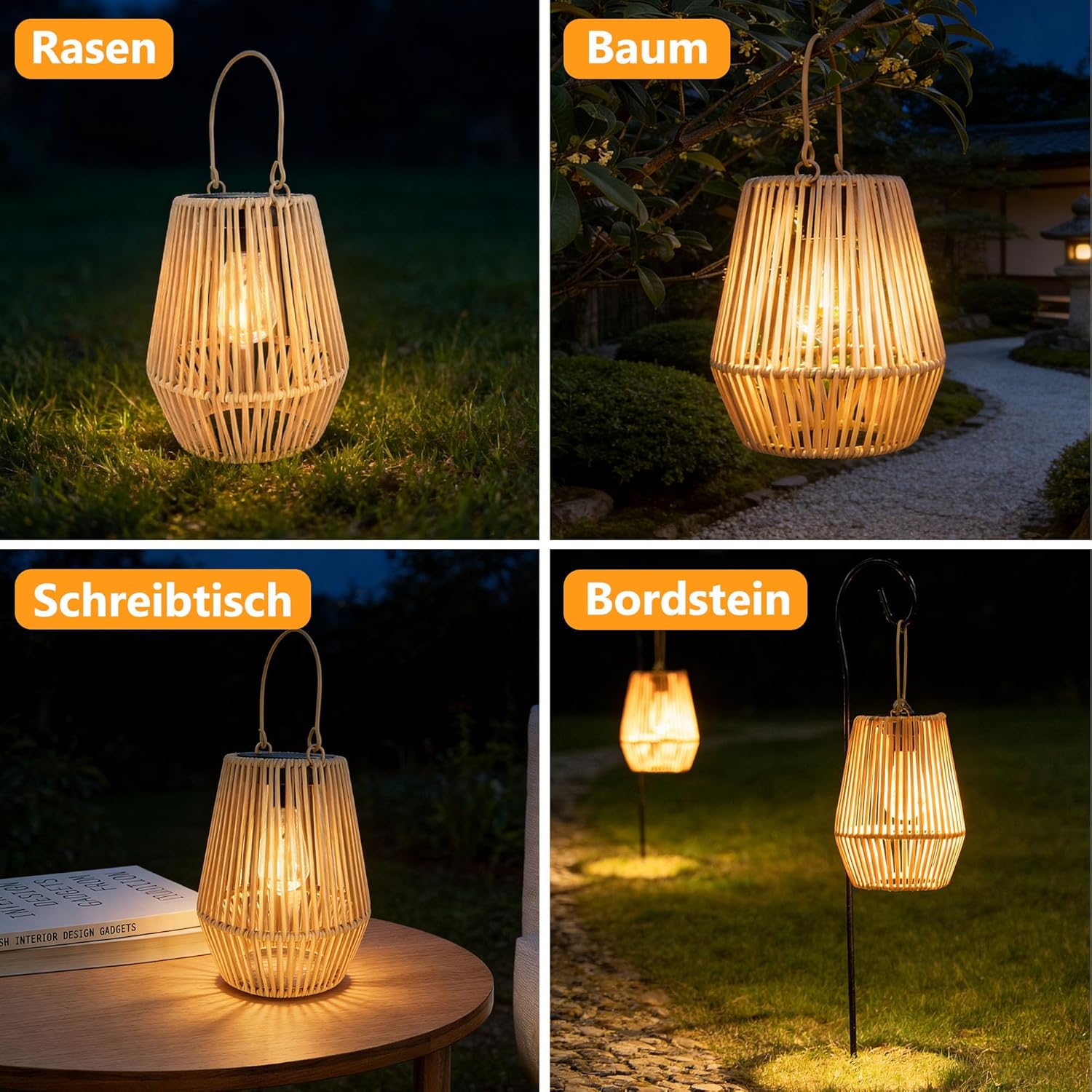 Solar Laternen für Außen, 2 Stück Handgewebtes Rattan