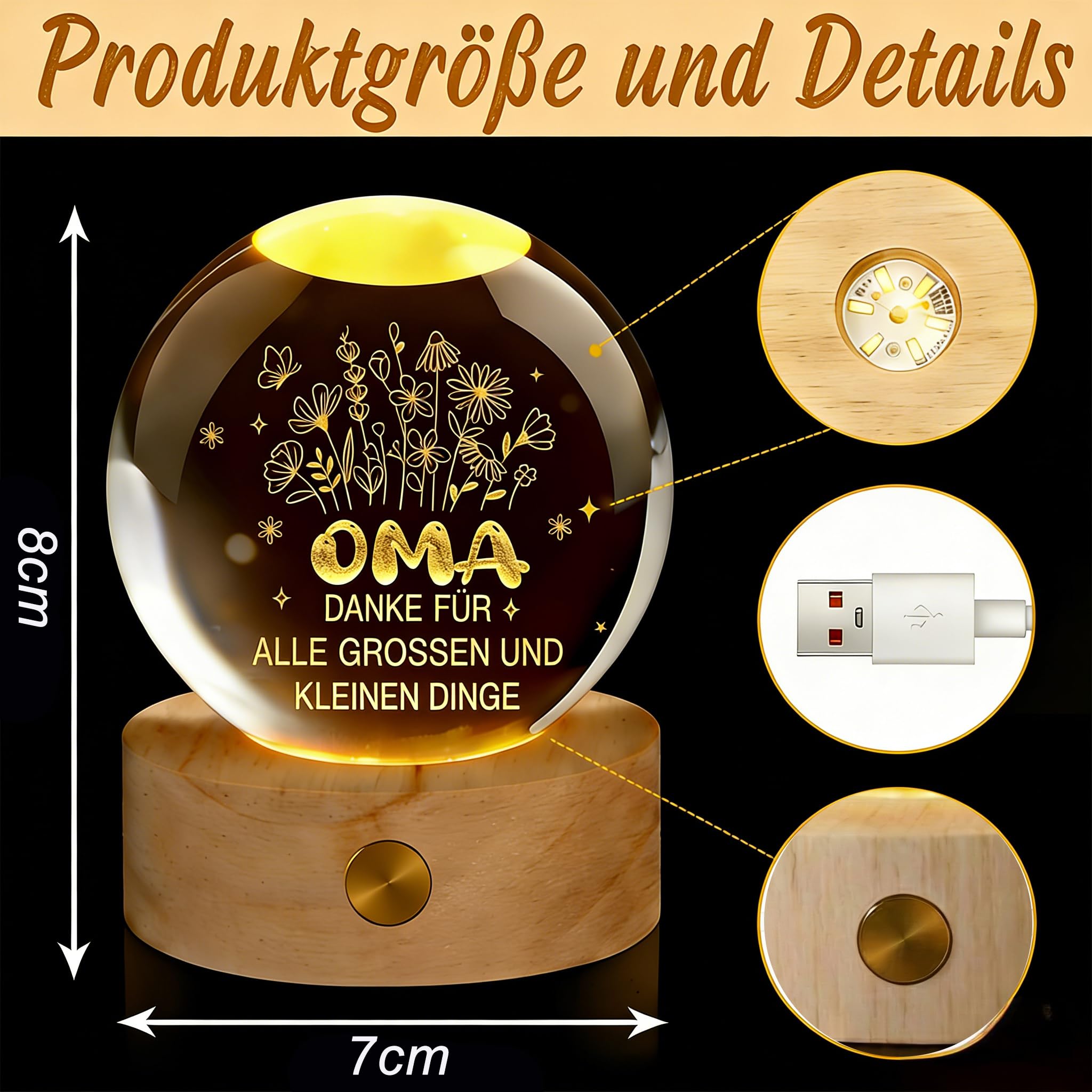 Glücksbringer,60mm Aufladbar LED Glaskugel Deko Lampe