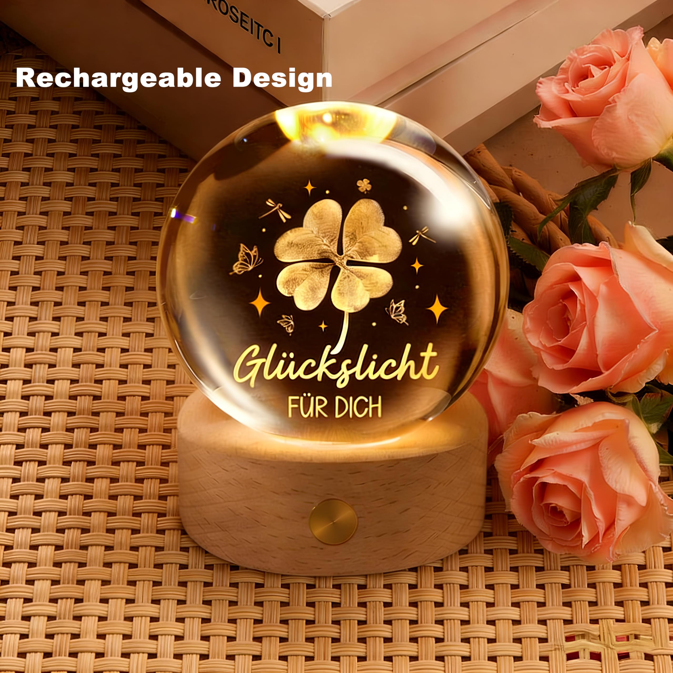 Glücksbringer,60mm Aufladbar LED Glaskugel Deko Lampe
